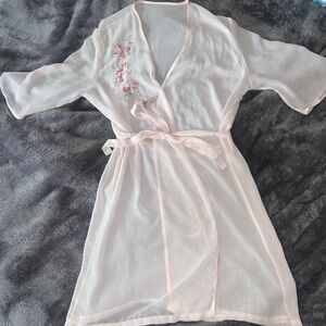 Elegant Sheer Pink Robe with Floral Embroidery